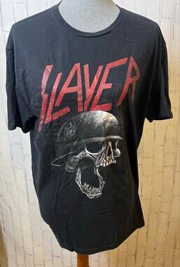 Slayer Skull Helmet Graphic T Shirt Black Thrash Metal Band Tee Approx XL